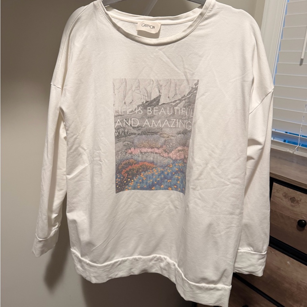 Cartoon White Graphic Crewneck Sweatshirt - "Life Is Beautiful and Amazing"